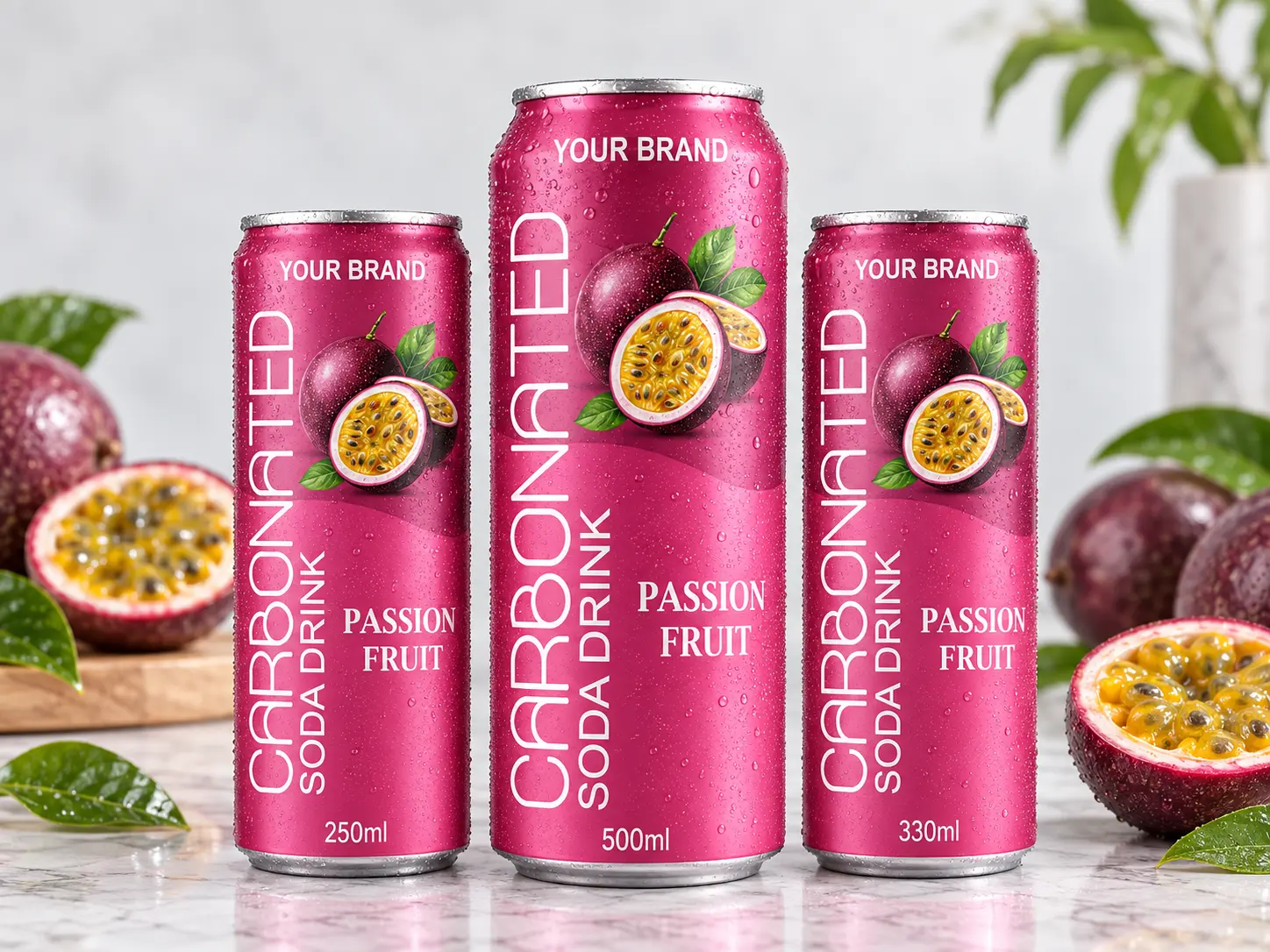 CARBONATED SODA DRINK Passion Fruit flavour in 250ml, 500ml and 330ml cans.